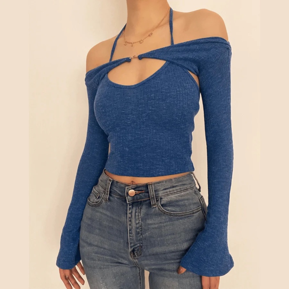 Halibuy- long sleeve off shoulder knitted 2 piece top